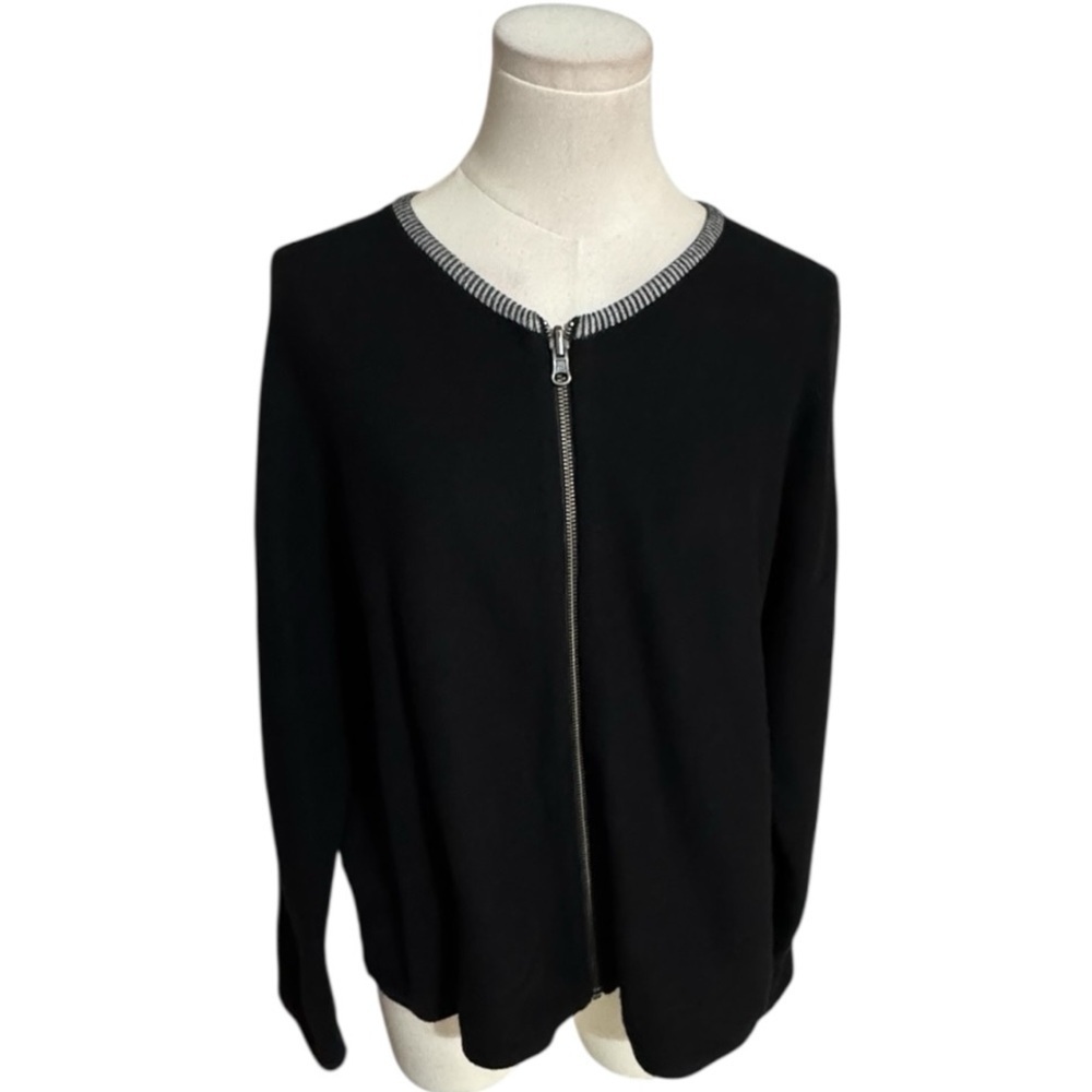 EILEEN FISHER Black Cream Peruvian Organic Cotton Round Neck Cardigan Sweater M